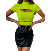 Mock Neck Slim Hollow Out Crop Top Sexy 5631