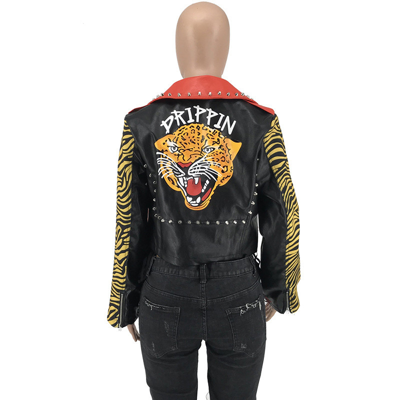 Tiger Print Leather Jacket Women