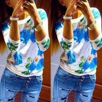 Hübsches, modisches Sky Blue-Blumendruck-O-Neck-Shirt mit V-Ausschnitt 17594-2