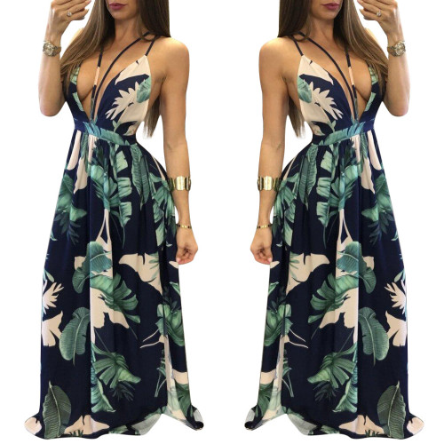 Vestido maxi con tiras y estampado de hojas de verano 25844