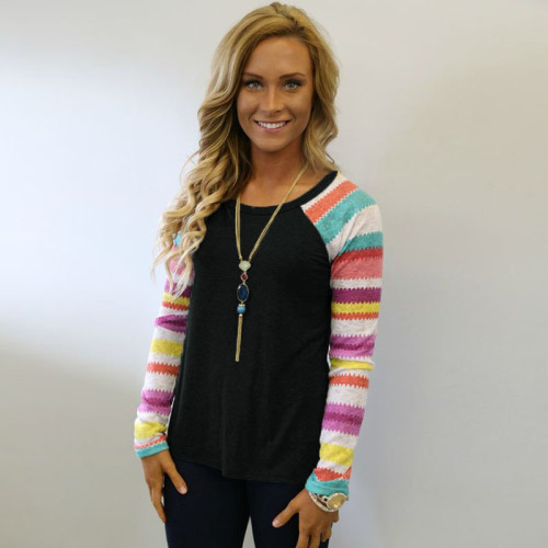 Camisa O-Neck Patchwork Con Mangas Largas
