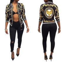 Womens Printed Black Jacket with Zipper Front Closure