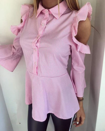 Stripped Pink Cut-Out Ruffles Chic Blouse