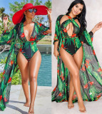 Print Green Swimsuit and Cover-Ups