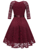 V-Neck A-Line Lace Dress with Sleeves
