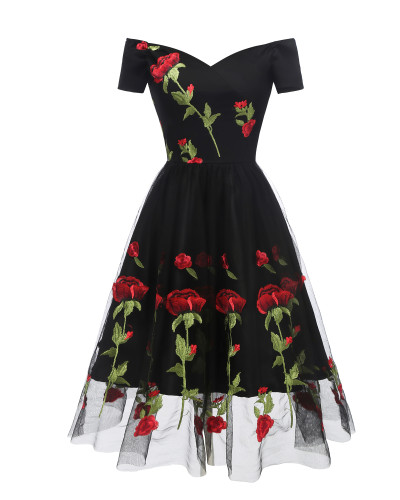 Romantic Rose Flower Black Party Dress