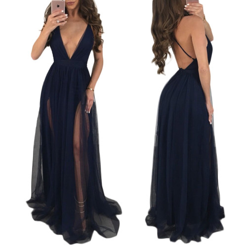 Sexy vestido de noche azul con cuello en V y espalda cruzada