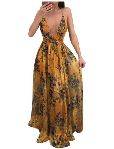Deep-V Sexy Halter Long Flower Dress