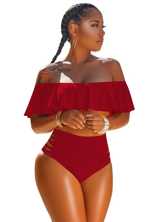 off the shoulder high waisted swimsuit