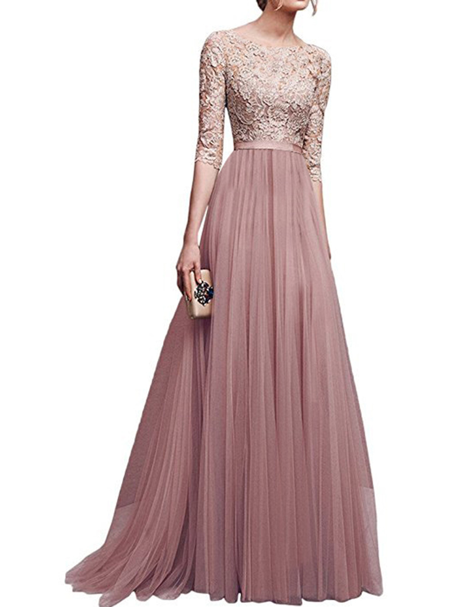 lace upper long evening dress with 1/2 sleeves