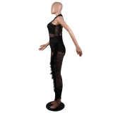 Black Lace Scoop Jumpsuit with Plush Trim
