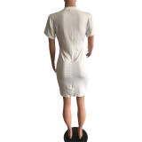 Print White Short Sleeve Shirt Dress