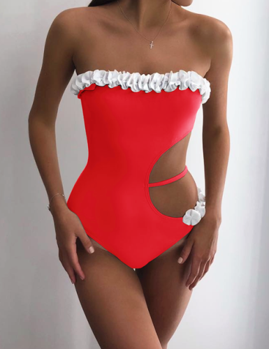 Wholesale One Piece Cut Out Strapless Swimwear With Ruffle Trim
