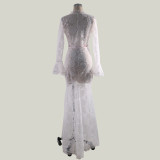 White Lace Long Sleeve Evening Dress