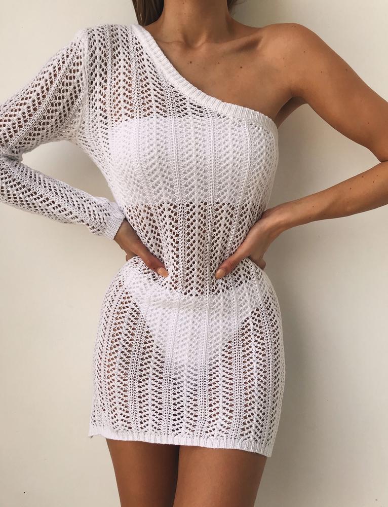 white crochet one shoulder mini dress