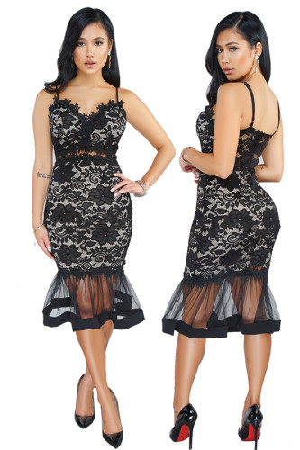 Black Lace Straps Mermaid Party Dress