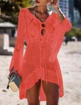 Vestido de playa de manga larga de crochet alto bajo