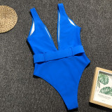 One-Piece Deep-V Swimwear with Belt