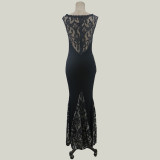 Black Applique Sleeveless Mermaid Evening Dress