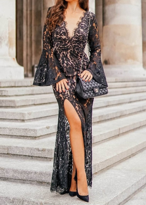 Black Lace Sexy Evening Dress with Wide Cuffs