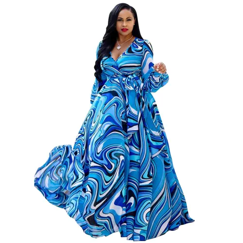 Long Sleeves Colorful Chiffon Maxi Dress
