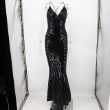 Summer Black Sequins Straps Long Mermaid Evening Dress