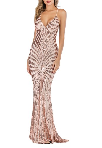 Summer Pink Sequins Straps Long Mermaid Evening Dress