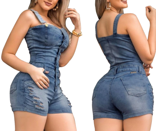 Wide Straps Tight Ripped Denim Rompers