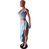 Blue V-Neck Ruffles Crop Top and Irregular Skirt