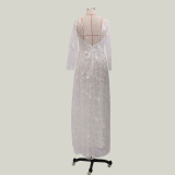 White V-Neck Long Sleeve Wedding Bridal Dress