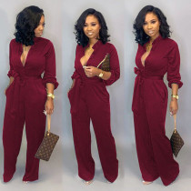 Button Up Long Sleeve Pure Jumpsuit with Belt