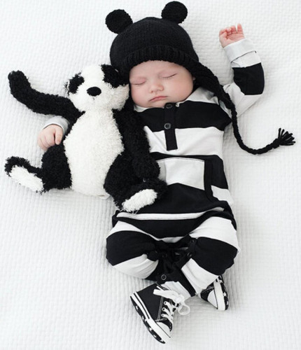 Erkek Bebek Güz Beyaz ve Siyah Çizgili Onesie Tulum