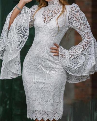 White Lace Elegant Dress with Wide Sleeves