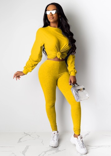 Plain Color Sexy Long Sleeves Knot Top and Tight Pants