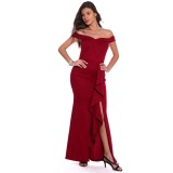 Red Off Shouldr Ruffles Evening Dress
