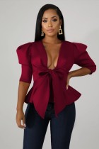 Sexy Plungging Peplum Top with Pop Sleeves