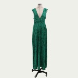 Print Green V-Neck Sleeveless Long Evening Dress