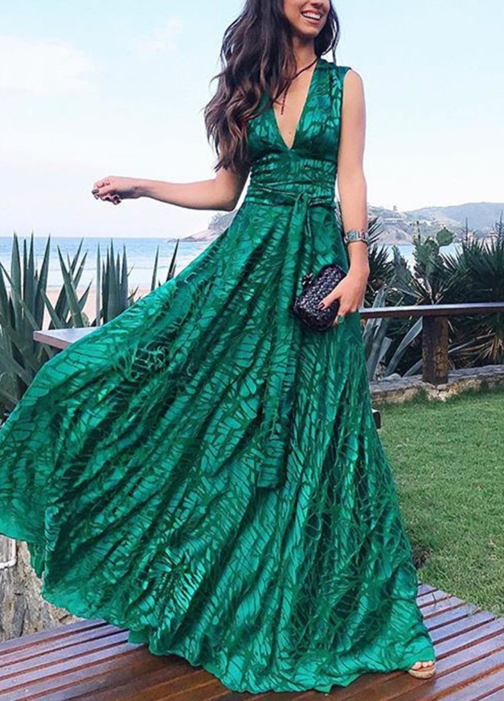 Wholesale Print Green V-Neck Sleeveless Long Evening Dress | Global Lover
