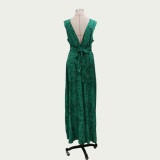 Print Green V-Neck Sleeveless Long Evening Dress