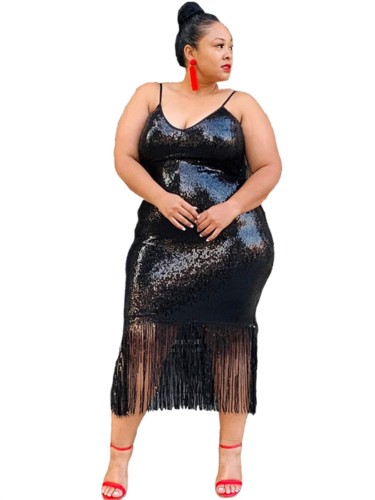 Wholesale Plus Size Sequins Black Fringe Dress Global Lover
