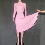 Elegant Plain Color Long Pleated Knitting Dress