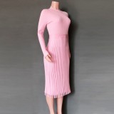 Elegant Plain Color Long Pleated Knitting Dress