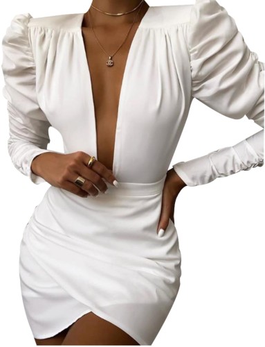 White Wrapped Deep-V Mini Dress with Pop Sleeves