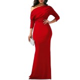 Summer Red Long Sleeve Mermaid Evening Dress with Slash Shoulder