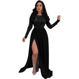 Black Sequins Keyhole Slit Long Evening Dress with Sleeves
