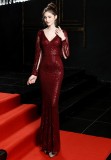 Sequins V-Neck Mermaid Evening Dress with Ripped Sleeves