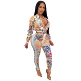 Print Colorful African Long Sleeve Jacket and Pants Set