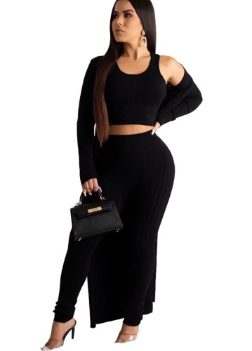 Solid Color Three Piece Knitted Pants Set