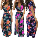 Sexy Floral Wrap Crop Top and Slit Maxi Skirt