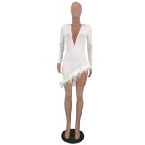 Deep-V Sexy Irregular Feather Dress with Sleeves